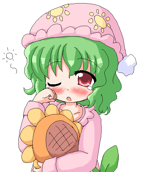 aliasing, blush, female, geetsu, green_hair, kazami_yuuka, pajamas, red_eyes, sleepy, touhou, youkai