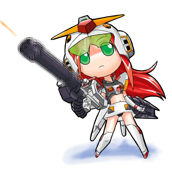 1girl, animated, animated_gif, chibi, firing, gatling_gun, green_eyes, gun, gundam, gundam_g05, gundam_side_story:_from_place_beyond_the_blaze, long_hair, machine_gun, mecha_musume, midriff, muzzle_flash, redhead, shield, solo, weapon