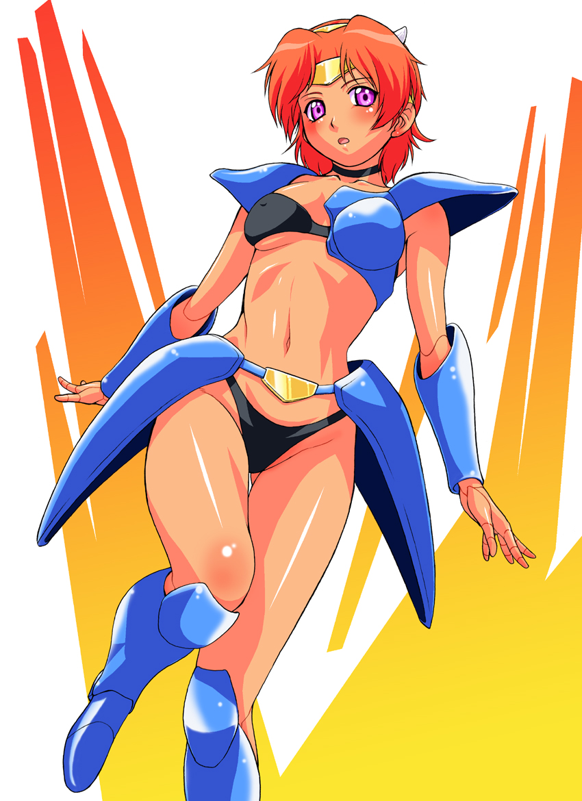 1girl, android, armor, black_panties, blush, boots, breasts, choker, circlet, covered_nipples, joints, kina_(machine_robo), kouda_tomohiro, machine_robo, machine_robo_chronos_no_dai_gyakushuu, medium_breasts, orange_hair, panties, robot_joints, short_hair, solo, under_boob, underwear, violet_eyes