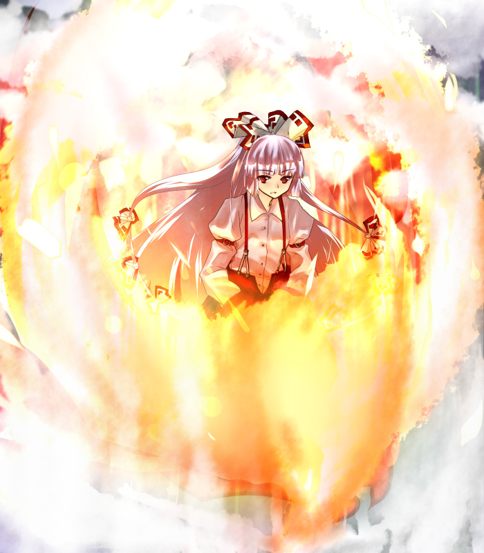 fire, flames, fujiwara_no_mokou, hair_ribbon, hair_ribbons, long_hair, red_eyes, ribbon