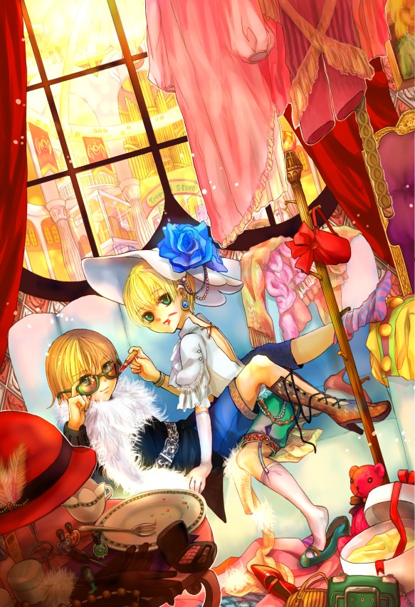 androgynous, blonde_hair, dress-up, fuji_choko, glasses, green_eyes, huzihuzi, lipstick