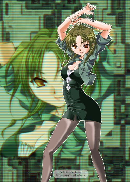 1girl, arms_up, black_dress, breasts, brown_eyes, cleavage, closed_mouth, collarbone, dress, green_hair, looking_at_viewer, original, pantyhose, short_hair, smirk, solo, standing, wakasugi_kanata, zoom_layer