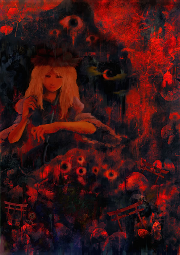1girl, blonde_hair, butterfly, creepy, female, gap, hat, hayapi, long_sleeves, mohican, smile, solo, touhou, umbrella, yakumo_yukari
