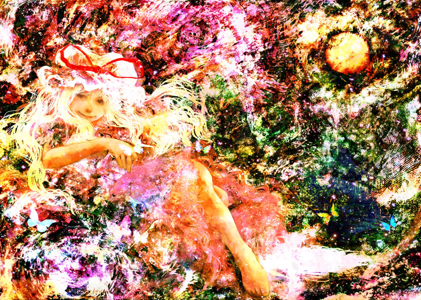 1girl, abstract, bare_shoulders, barefoot, dress, female, full_body, hayapi