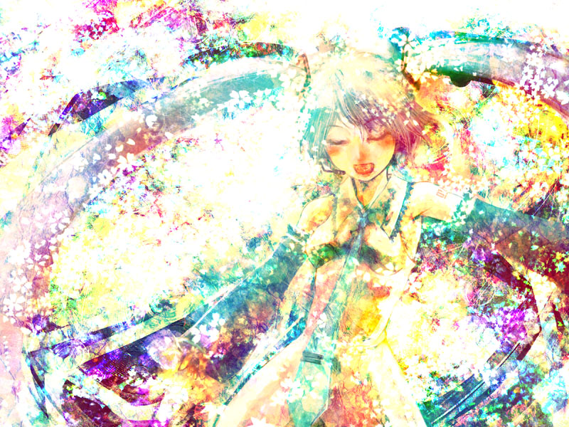 1girl, :d, armpits, bare_shoulders, cherry_blossoms, closed_eyes, colorful, detached_sleeves