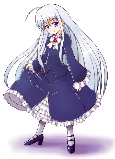 1girl, ahoge, anzelotte, black_shoes, blue_dress, brooch, dress, gem, grey_legwear, head_tilt, high_heels, jewelry, long_hair, long_sleeves, looking_at_viewer, night_wizard, pantyhose, shoes, sidelocks, silver_hair, simple_background, smile, solo, very_long_hair, violet_eyes, white_background, yn1982