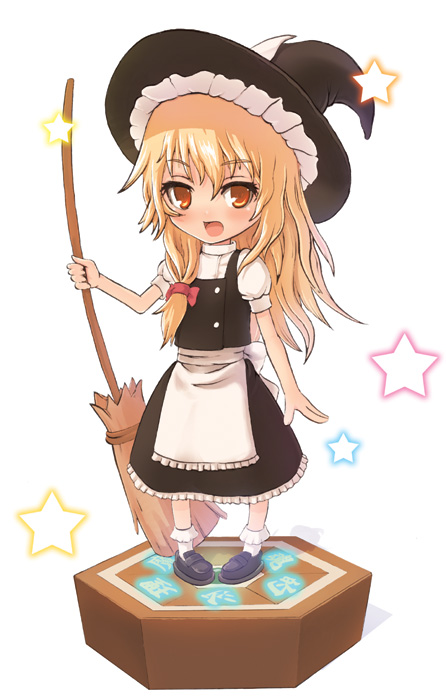 1girl, blonde_hair, broom, faux_figurine, female, figure_stage, hat, kirisame_marisa
