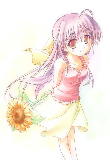 1girl, ahoge, brown_eyes, flower, half_updo, hinata_natsumi_(sharin_no_kuni), long_hair, purple_hair