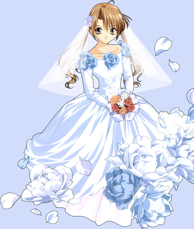 00s, 1girl, ahoge, bangs, bare_shoulders, blue_background, bouquet, bride, brown_hair, collarbone, dress, female, flower, holding, long_dress, long_hair, long_sleeves, looking_at_viewer, sakuya_(sister_princess), simple_background, sister_princess, solo, twintails, veil, wedding_dress, white_dress