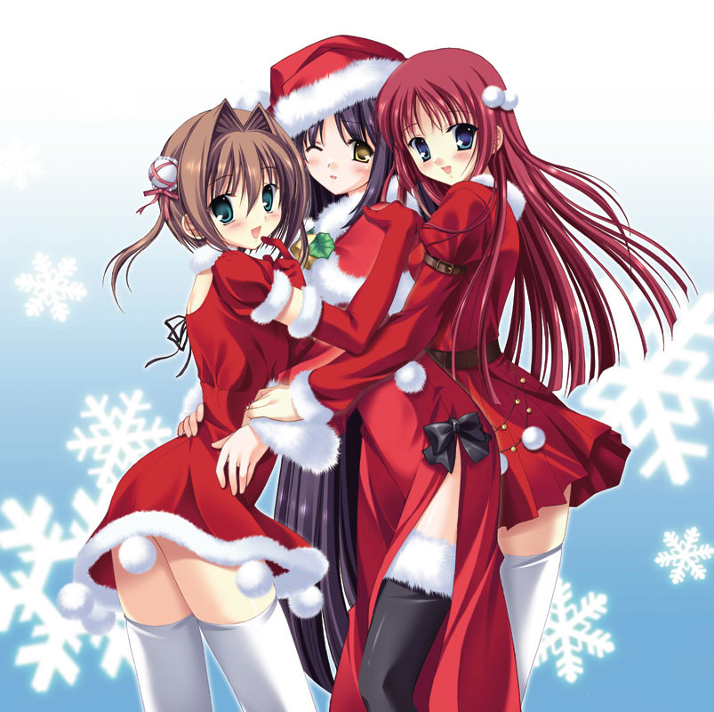 3girls, asakura_yume, black_legwear, brown_hair, christmas, crossover, da_capo, da_capo_i