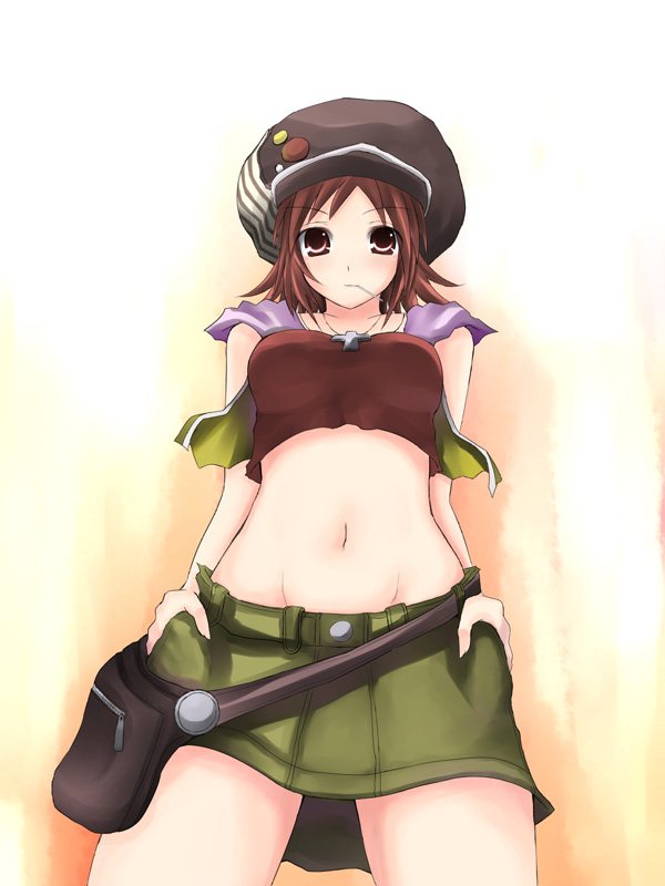 1girl, bag, breasts, brown_eyes, brown_hair, hat, midriff, miniskirt, misaki_shiki, navel, shima-shuu, short_hair, skirt, solo, standing, subarashiki_kono_sekai
