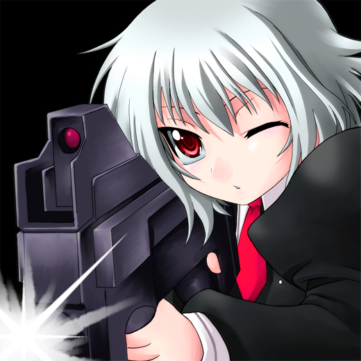 1girl, albino, bullpup, gun, kikka_(ukagaka), necktie, p90, red_eyes