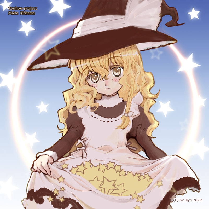 1girl, blonde_hair, blush, dress, female, hat, hatomugi_munmun, kirisame_marisa