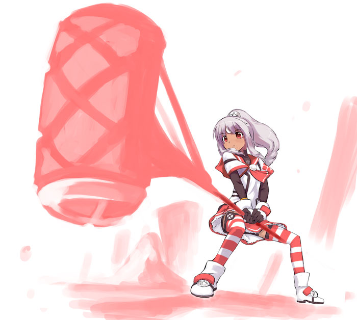 dark_skin, mallet, os-tan, patterned_legwear, purple_hair, red_&amp;_white, red_eyes, red_skirt