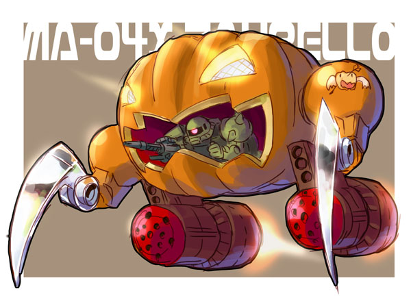 gundam, jack-o'-lantern, katahira_masashi, mecha, mobile_suit_gundam, no_humans, okaasan_to_issho, parody