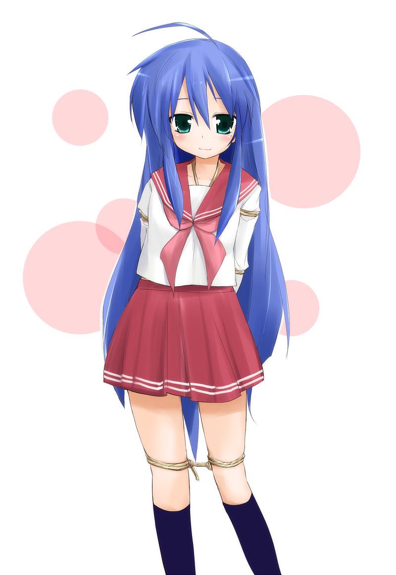 1girl, bdsm, blue_hair, bondage, bound, dama, izumi_konata, lucky_star, rope, school_uniform, serafuku, shibari, solo