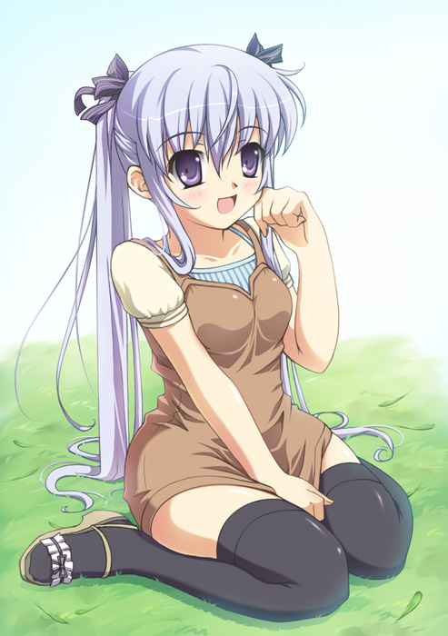 blue_hair, blush, hair_ribbon, nagisawa_yuuna, onnanoko_suwari, original, ribbon, thigh-highs
