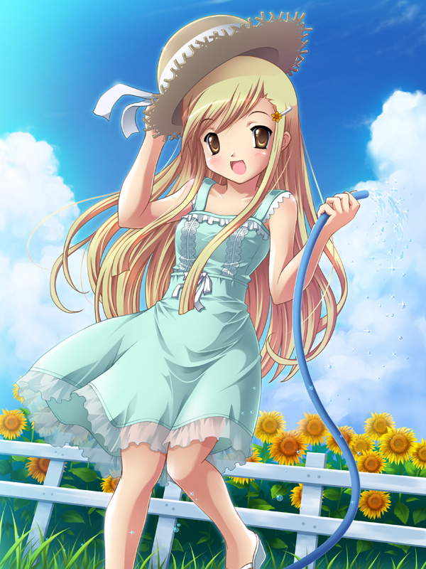 blonde_hair, brown_eyes, dress, flower, hat, hose, nagisawa_yuuna, original, straw_hat, sundress, sunflower