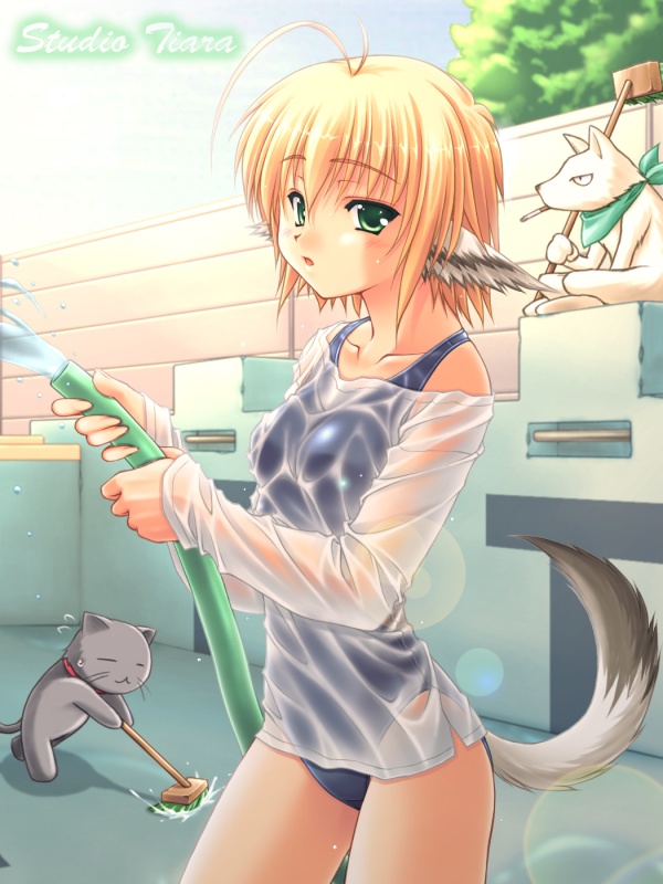 1girl, ahoge, animal_ears, blonde_hair, cigarette, empty_pool, green_eyes, hose, kuroneko_sakon, lens_flare, one-piece_swimsuit, original, pool, raisen_(studio_tiara), see-through, shirt, short_hair, smoking, solo, studio_tiara, swimsuit, swimsuit_under_clothes, tail, wet, wet_clothes, wet_shirt