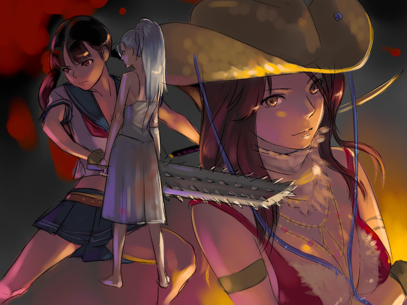 3girls, aya_(oneechanbara), barefoot, belt, bikini, bikini_top, blade, breasts