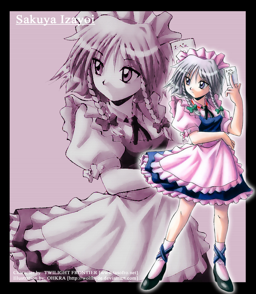1girl, braid, female, izayoi_sakuya, joseph_paraiso, maid, short_hair, silver_hair, solo, touhou, twin_braids, wolfhyde