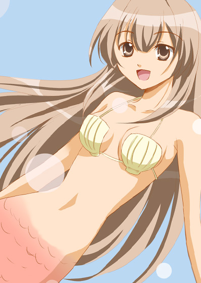 1girl, :d, brown_eyes, brown_hair, long_hair, looking_at_viewer, mermaid, monster_girl