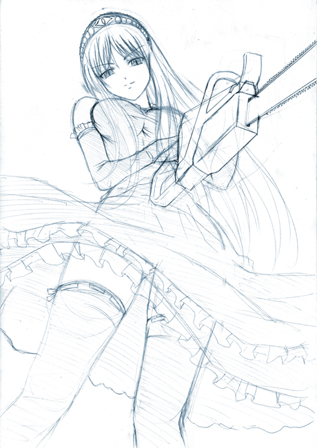 arsenal, chainsaw, dress, gloves, hime_(kaibutsu_oujo), kaibutsu_oujo, monochrome, sketch