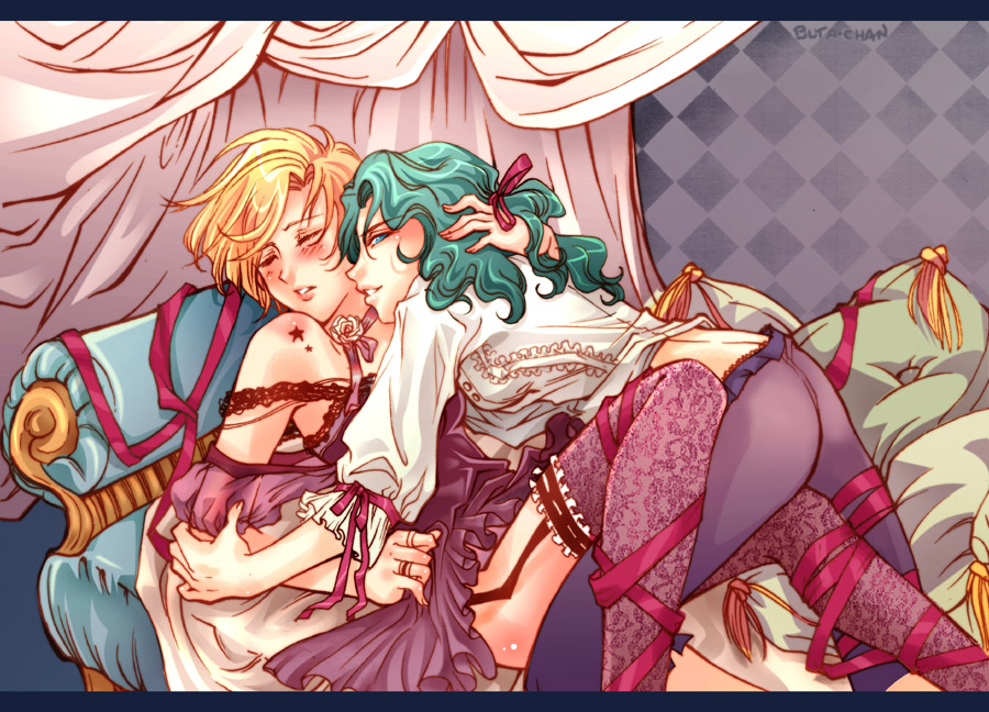 2girls, 90s, argyle, argyle_background, ass, bishoujo_senshi_sailor_moon, blonde_hair, blush, buta-chan, couple, dress, flower, garters, green_hair, hair_ribbon, jewelry, kaiou_michiru, lace, long_hair, multiple_girls, mutual_yuri, pillow, ribbon, ring, role_reversal, short_hair, star, strap_slip, ten'ou_haruka, thigh-highs, yuri