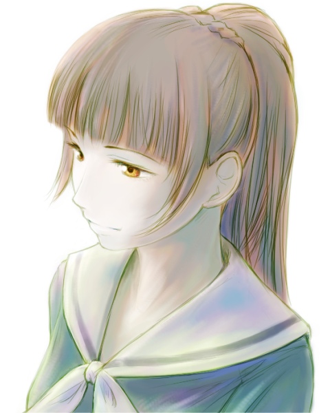 00s, 1girl, blunt-katana, brown_eyes, brown_hair, green_shirt, long_sleeves, maria-sama_ga_miteru