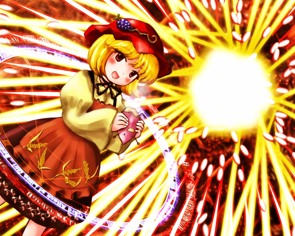 1girl, aki_minoriko, asayuba, blonde_hair, blush, brown_eyes, danmaku, female