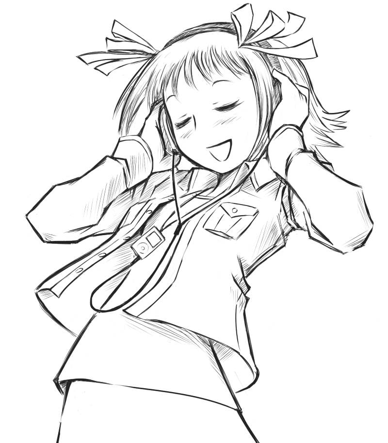 amami_haruka, digital_media_player, headphones, idolmaster, ipod, monochrome, tanigawa_hiroshi