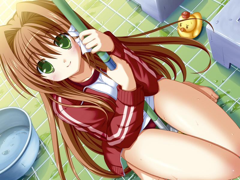 1girl, bangs, barefoot, bath, bath_stool, between_legs, blush, broom