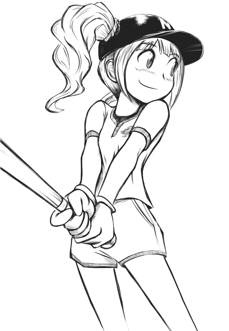 1girl, baseball_bat, baseball_cap, hat, idolmaster, monochrome, simple_background, solo