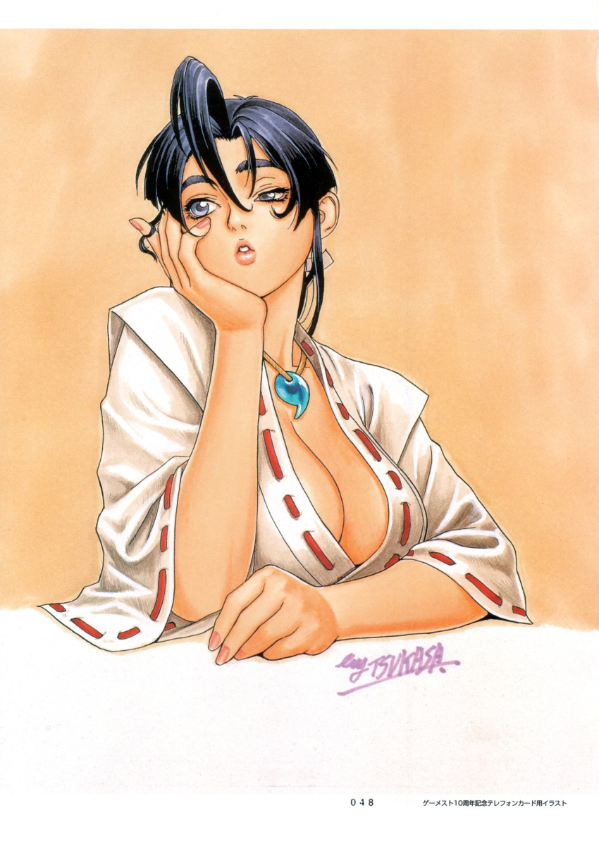 1girl, ahoge, artbook, atlus, black_hair, blue_eyes, blue_hair, bow
