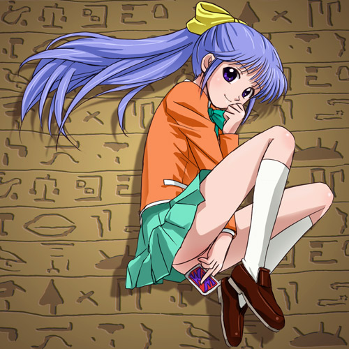 1girl, blazer, blue_eyes, blue_hair, bow, brown_shoes, card, egypt, egyptian, hair_bow, haruyama_kazunori, heiroglyphs, hieroglyphics, hieroglyphs, holding, holding_card, lavender_hair, long_hair, looking_at_viewer, lowres, miniskirt, nosaka_miho, ribbon, school_uniform, shoes, skirt, smile, socks, solo, white_legwear, yu-gi-oh!, yuu-gi-ou_(touei)
