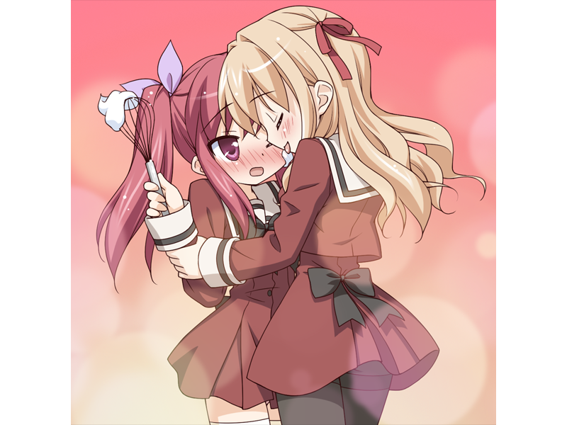 2girls, blonde_hair, blush, bow, chibi, fuguriya, game_cg, matsubara_yuna