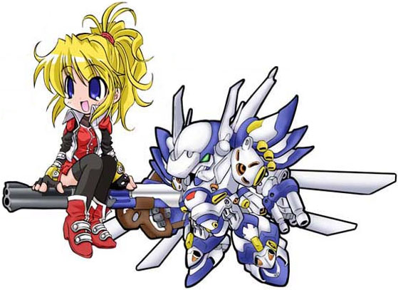 1girl, :d, banpresto, black_legwear, blonde_hair, blue_eyes, chibi, excellen_browning
