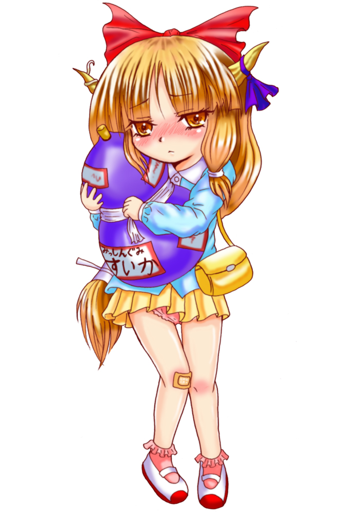 bandaid, blonde_hair, blush, gourd, horns, ibuki_suika, kakkodan, kindergarten, loli, orange_hair, panties, ribbon, ribbons, school_bag, school_uniform, touhou, underwear, young