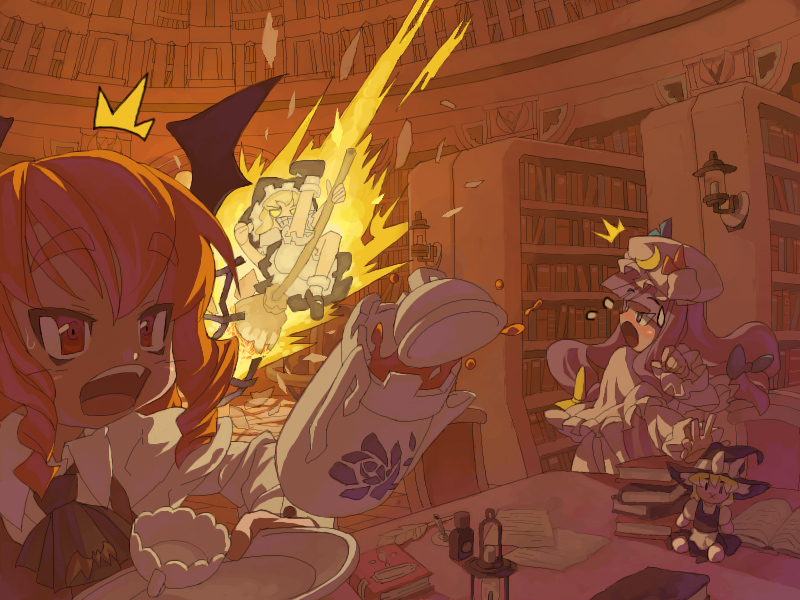 3girls, :x, blonde_hair, book, bookshelf, character_doll, cup, female