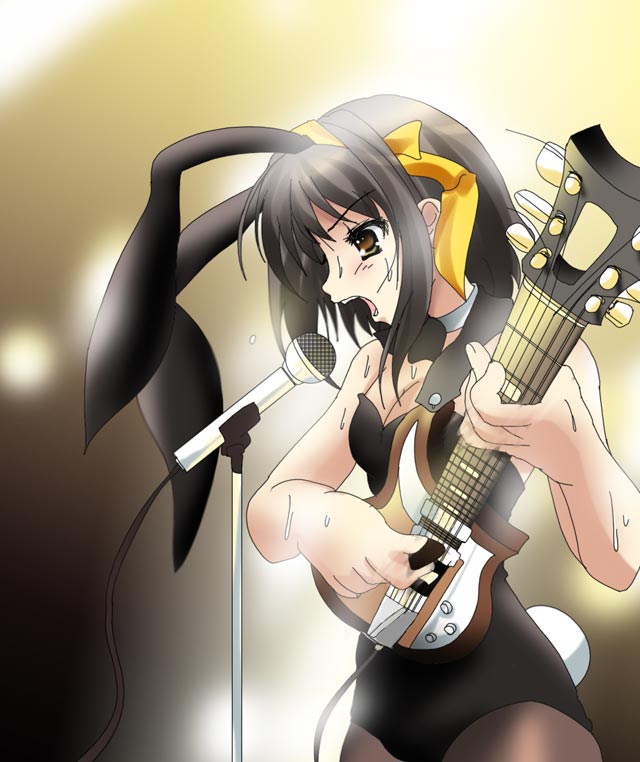 animal_ears, bunnysuit, dripping, god_knows, guitar, instrument, microphone, microphone_stand, namamo_nanase, rabbit_ears, suzumiya_haruhi, suzumiya_haruhi_no_yuuutsu, sweat, sweating