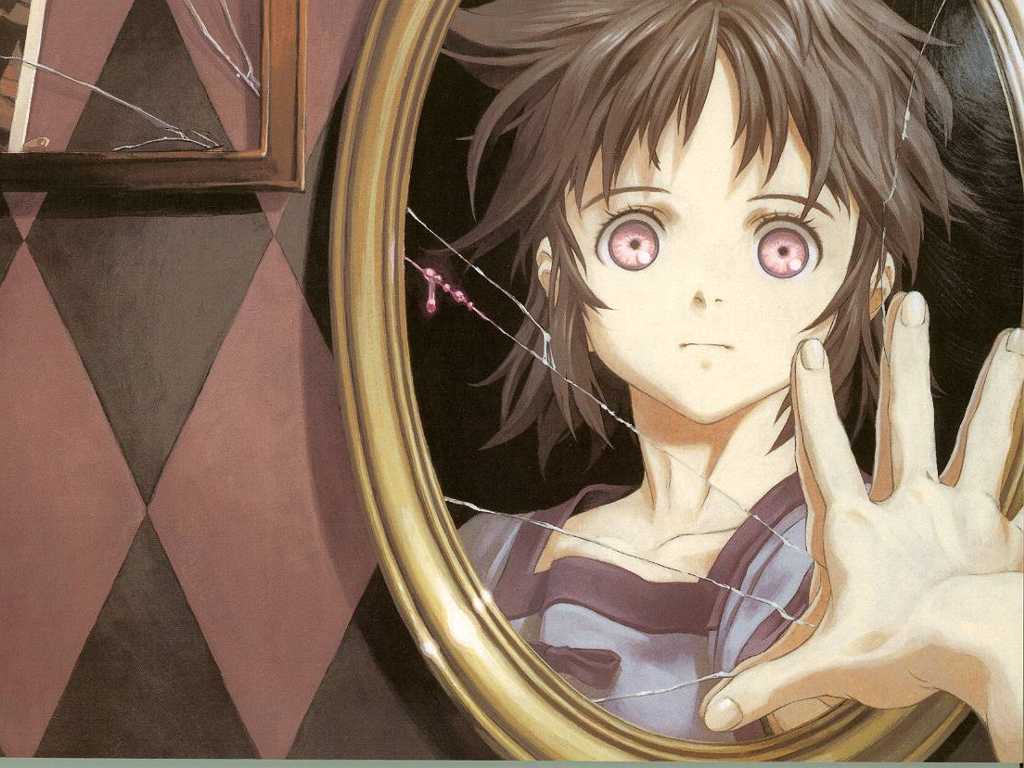 1girl, 90s, blood, broken_mirror, brown_hair, checkered, collarbone, hands