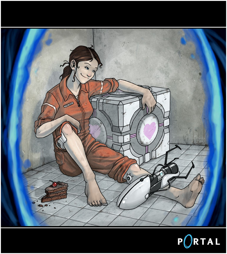 1girl, aperture_science_handheld_portal_device, barefoot, brown_hair, cake, chell, cube, dirty_feet, feet, food, heart, jesse_mcgibney, jumpsuit, pastry, ponytail, portal, portal_(object), sleeves_rolled_up, smile, solo, valve, weighted_companion_cube