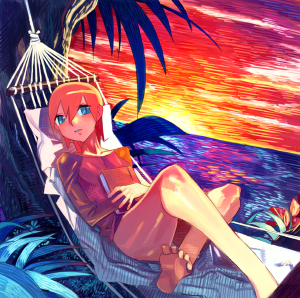 00s, 1girl, :d, bare_legs, barefoot, blue_eyes, coast, collarbone