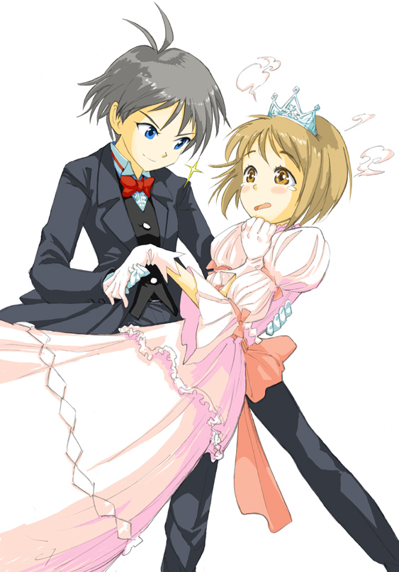 2girls, androgynous, antenna_hair, crossdressinging, dress, formal, gown, hagiwara_yukiho, hirokazu, idolmaster, kikuchi_makoto, multiple_girls, pant_suit, princess, reverse_trap, suit, tiara, yukimako
