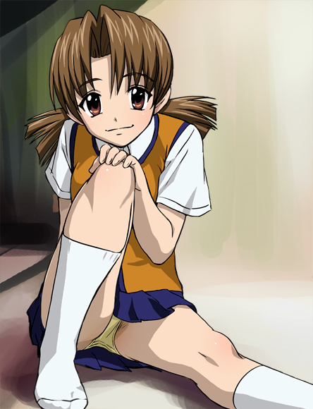 1girl, brown_eyes, brown_hair, haruyama_kazunori, panties, school_uniform, short_twintails, socks