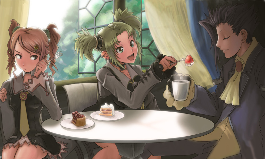 2girls, cake, closed_eyes, cup, cups, droite, eating, food