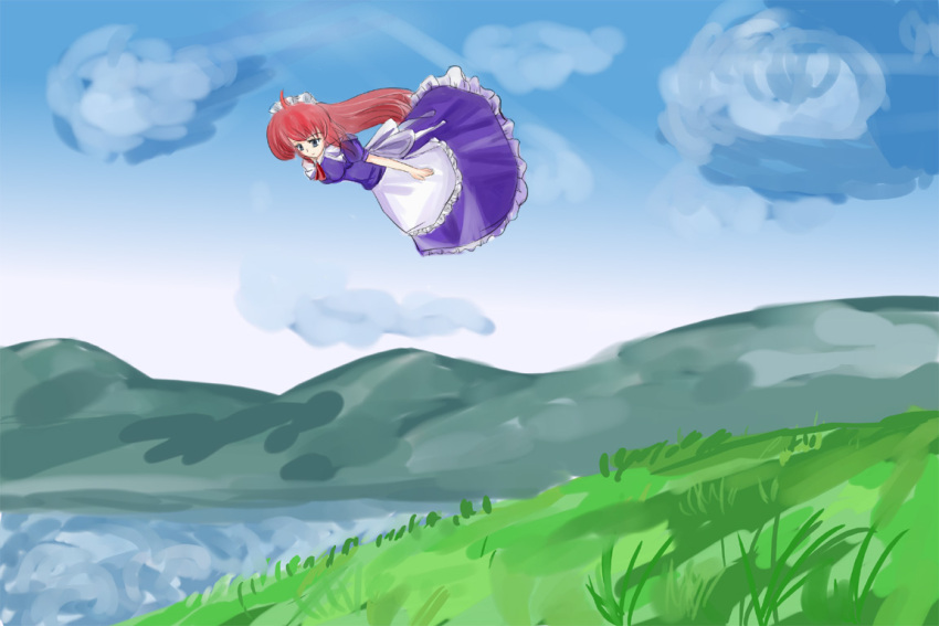 1girl, apron, blue_dress, blue_sky, day, dress, field, flying