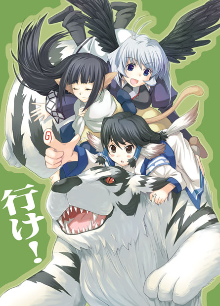 3girls, :d, ^_^, ^o^, animal_ears, aruruw, bangs, black_hair