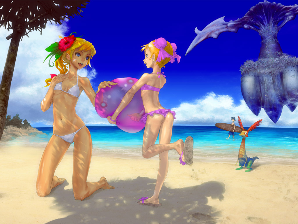 2girls, barefoot, beach, bikini, blonde_hair, blue_eyes, chrono_(series), chrono_cross