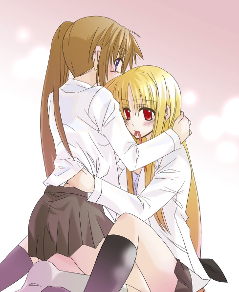 2girls, blush, fate_testarossa, footwear, lyrical_nanoha, mahou_shoujo_lyrical_nanoha, mahou_shoujo_lyrical_nanoha_strikers, multiple_girls, muraya_yoshihisa, school_uniform, serafuku, socks, takamachi_nanoha, yuri
